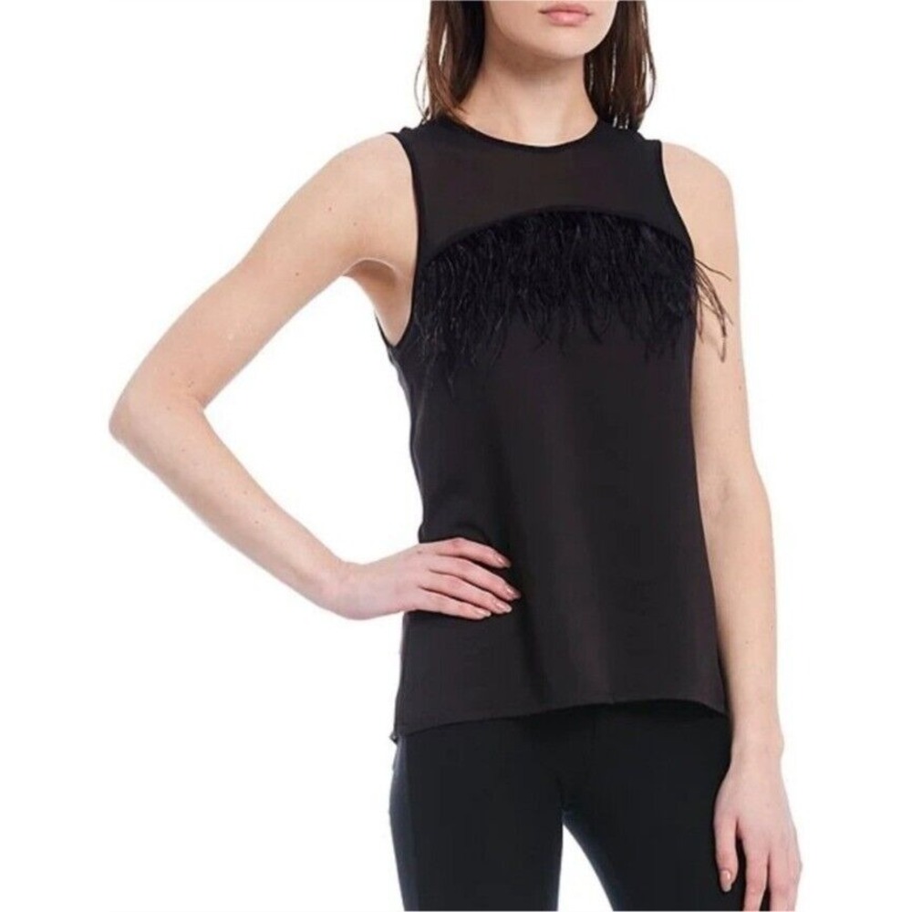 Michael Kors Feather Trim Top Sleeveless Blouse Black Semi Sheer XS NWT $125